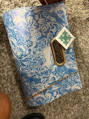 Blue & White Printed Clutch with Gold-Tone Hardware